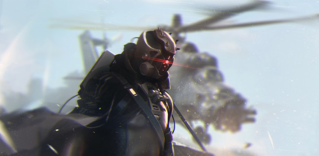 Обои картинки фото фэнтези, роботы,  киборги,  механизмы, циклоп, арт, вертолет, шлем, солдат