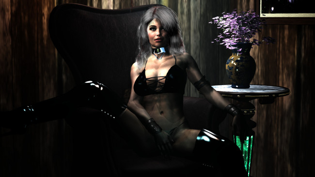 Обои картинки фото 3д графика, люди , people, девушка, фон, взгляд, кресло, цветы