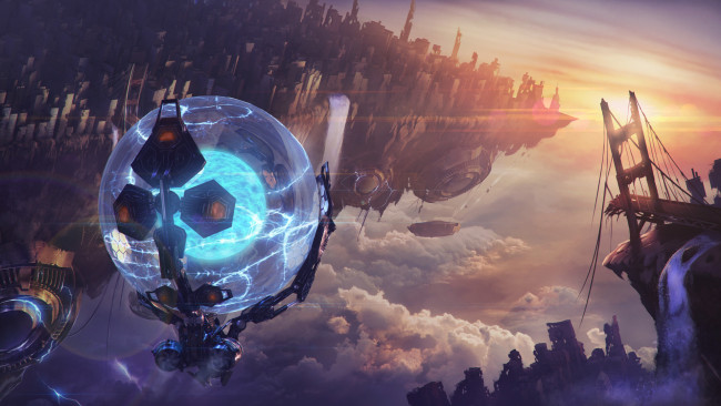 Обои картинки фото фэнтези, иные миры,  иные времена, разрушение, разлом, шар, sci-fi, арт, мост, фантастика