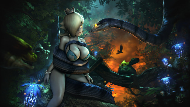 Обои картинки фото фэнтези, красавицы и чудовища, питон, марио, девушка, арт