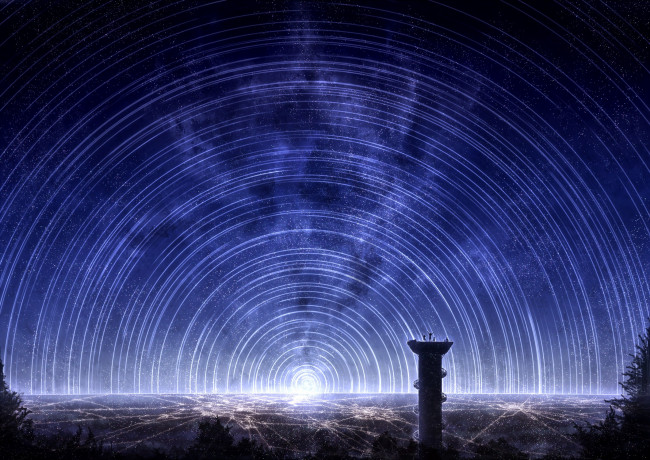 Обои картинки фото аниме, город,  улицы,  здания, ночь, звёздный, вихрь