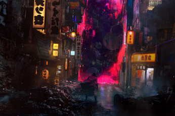 Картинка фэнтези магия человек развалины дома огни улица