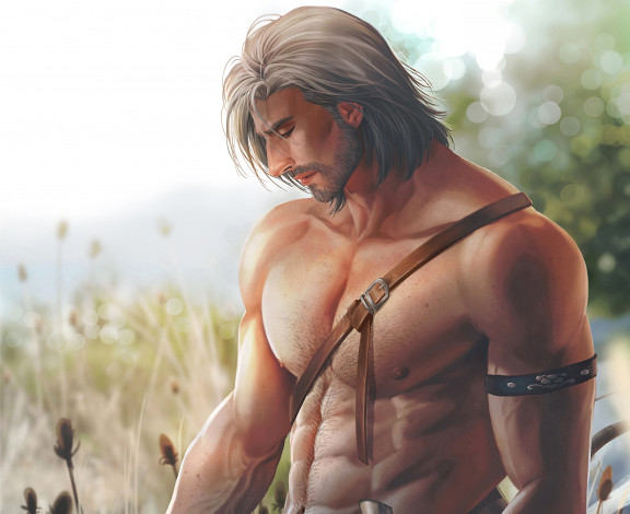 Обои картинки фото фэнтези, люди, поле, лучник, мужчина, ремни