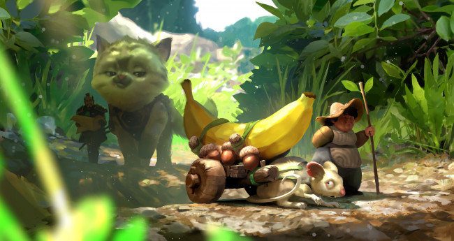 Обои картинки фото фэнтези, иные миры,  иные времена, желудь, гномы, банан, кот, мышь, фон, телега