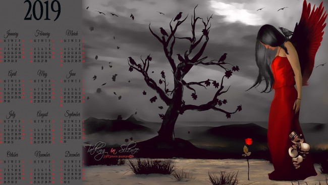 Обои картинки фото календари, фэнтези, птица, дерево, профиль, девушка, крылья