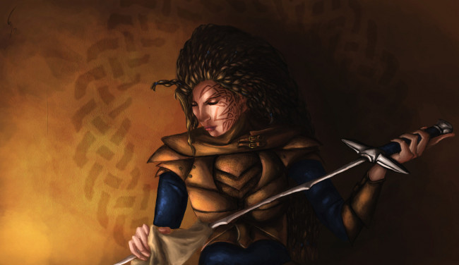 Обои картинки фото фэнтези, девушки, меч, тату, дреды, фон, девушка