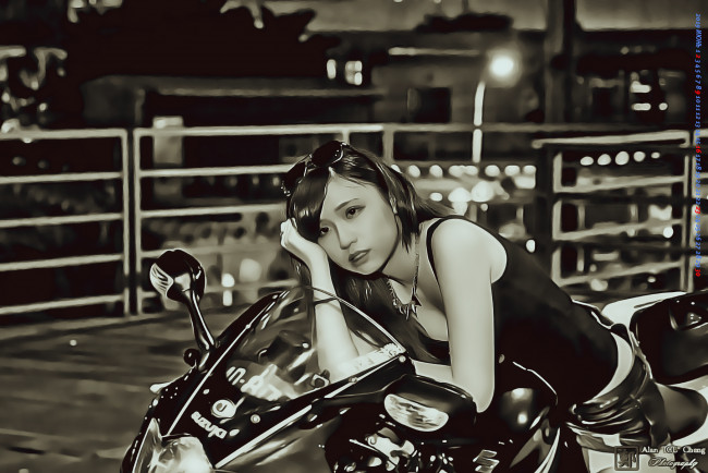 Обои картинки фото календари, компьютерный дизайн, улица, очки, ночь, девушка, скутер, азиатка