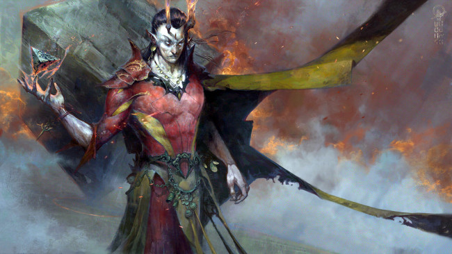 Обои картинки фото видео игры, master of magic, демон, пирамида, куб, огонь