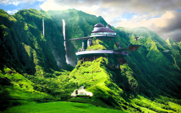 Картинка разное компьютерный+дизайн голы лес водопады здание летательные аппараты
