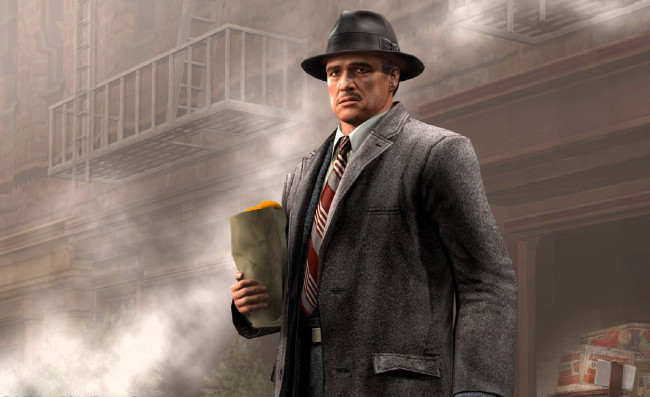 Обои картинки фото видео игры, the godfather, мужчина, пальто, шляпа, пакет, дом