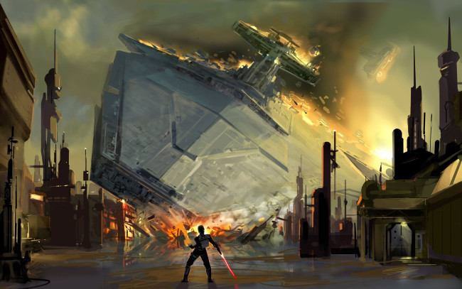 Обои картинки фото видео игры, star wars,  galaxies, человек, меч, город, космический, корабль, катастрофа