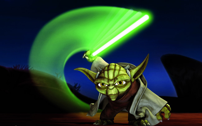 Обои картинки фото звездные, войны, клонов, мультфильмы, star, wars, the, clone, темный, фон, зеленый, лазерный, меч, йода, yoda