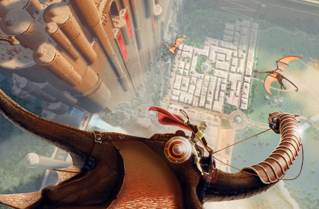 Обои картинки фото фэнтези, драконы, рыцарь, замок