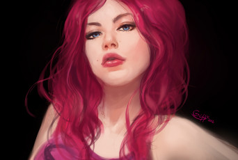 Картинка рисованные люди взгляд красные волосы черный фон губы голубые глаза лицо девушка