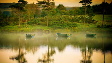 Картинка рисованные природа лодки озеро деревья