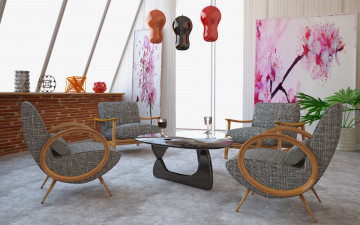 обоя 3д, графика, realism, реализм, стол, стулья, картина, растение