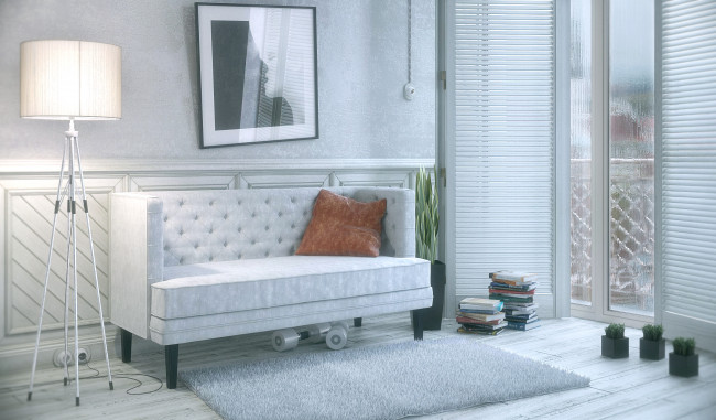 Обои картинки фото 3д, графика, realism, реализм, светильник, картина, книги, подушка, диван