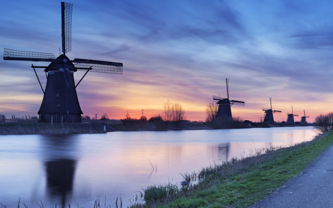 Обои картинки фото разное, мельницы, река, утро