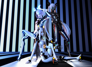 обоя фэнтези, роботы,  киборги,  механизмы, бантик, vocaloid, вокалоид, carbon, black, miku, tri-oxygen, luka, phosphorescent, rin, девушки