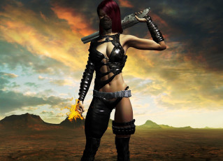 Картинка 3д+графика фантазия+ fantasy взгляд фон оружие девушка