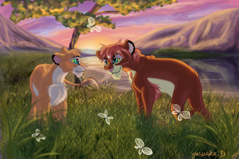 Картинка рисованное животные +львы река львы луг