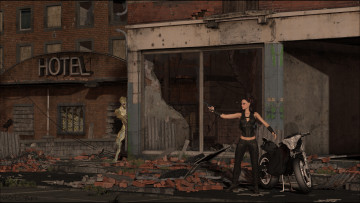 Картинка 3д+графика фантазия+ fantasy существо мотоцикл взгляд девушка фон оружие