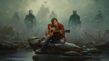 Картинка фэнтези девушки the last of us marek okon марек окон маски бойцы туман кеды джинсы камень стрелы лук гитара ellie элли девушка фан-арт fan art рисунок лошадь щит