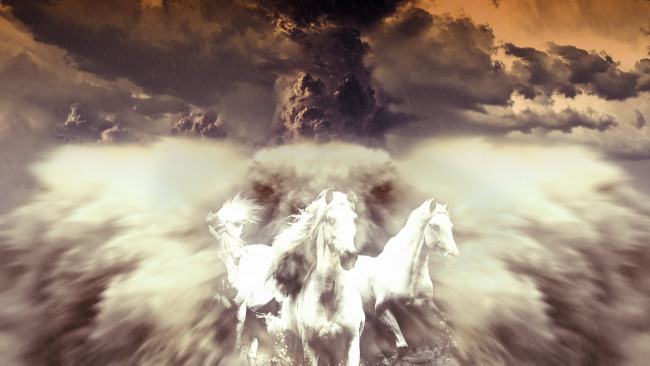 Обои картинки фото разное, компьютерный дизайн, лошади, компьютерный, дизайн, тучи, дождь