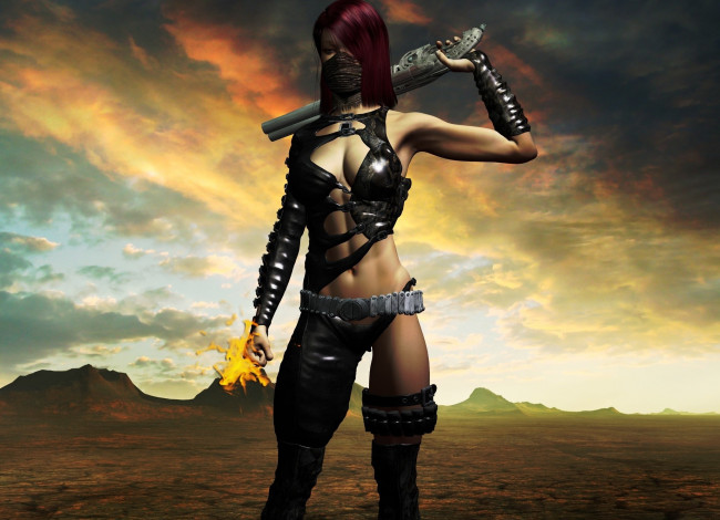 Обои картинки фото 3д графика, фантазия , fantasy, взгляд, фон, оружие, девушка