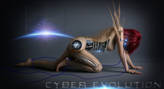 Обои картинки фото фэнтези, роботы,  киборги,  механизмы, провода, фон, девушка