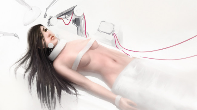 Обои картинки фото аниме, оружие,  техника,  технологии, провода, взгляд, фон, девушка