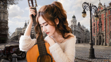 Картинка музыка -другое девушка гитара город улица здание фонарь