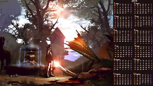 Обои картинки фото календари, 3д-графика, дракон, улица, доспехи, 2019, calendar, фонтан, воин