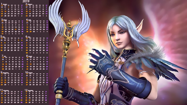 Обои картинки фото календари, фэнтези, 2019, calendar, магия, жезл, девушка