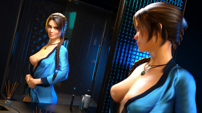 Обои картинки фото видео игры, tomb raider , other, девушка, фон, взгляд, коса, улыбка, зеркало