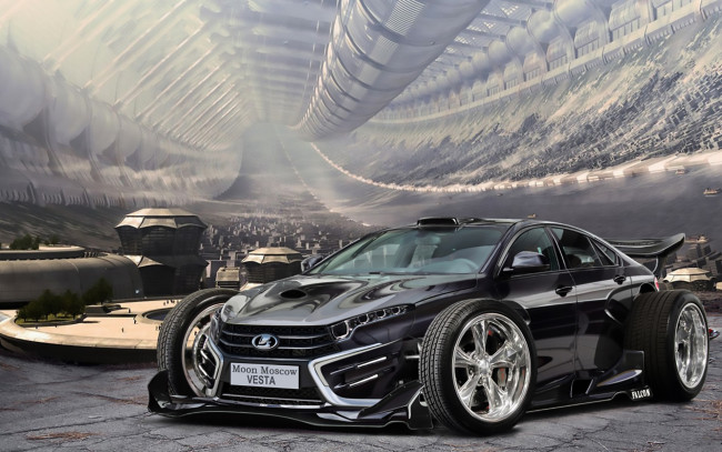 Обои картинки фото автомобили, виртуальный тюнинг, город, трубы, будущее, машина