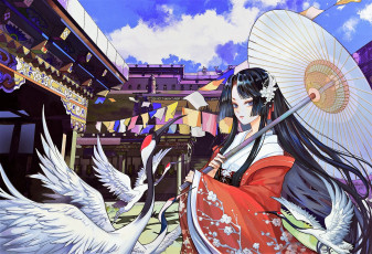 Картинка аниме pixiv+fantasia девушка зонт журавли город