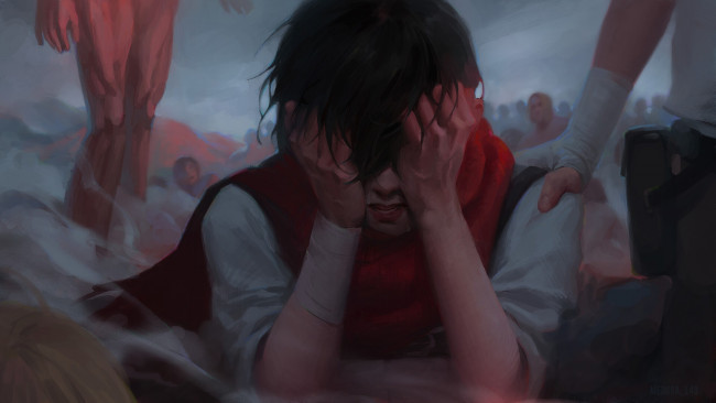 Обои картинки фото аниме, shingeki no kyojin, слезы, шарф