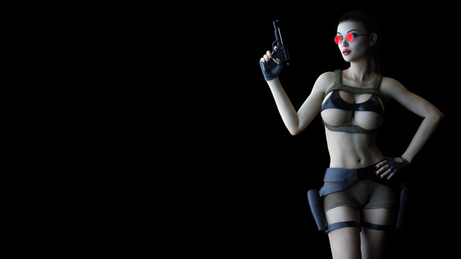 Обои картинки фото видео игры, tomb raider , other, девушка, фон, очки, пистолет