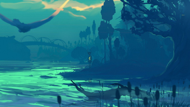 Обои картинки фото фэнтези, существа, ребенок, деревья, река, мост