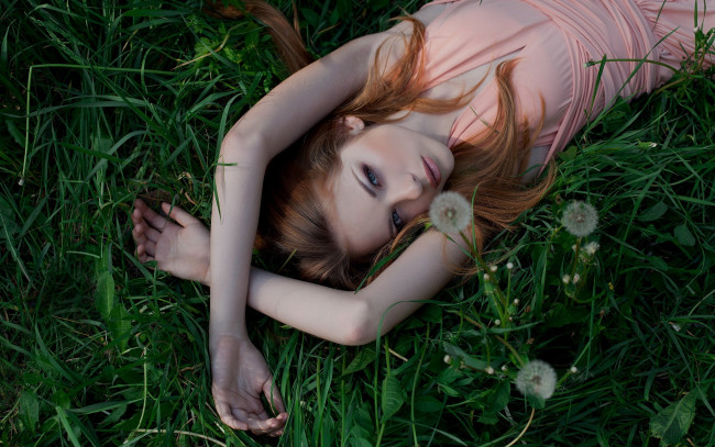 Обои картинки фото девушки, - рыжеволосые и разноцветные, трава, одуванчики, поза, рыжие, волосы, платье