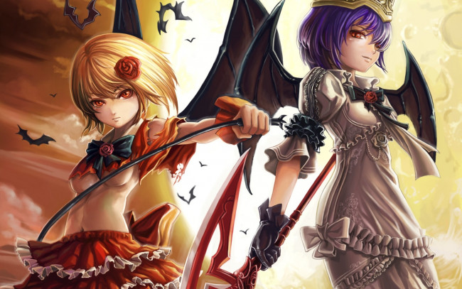 Обои картинки фото аниме, touhou, демоница, крылья, луна, кнут, красные, глаза, летучие, мыши, розочка, корона