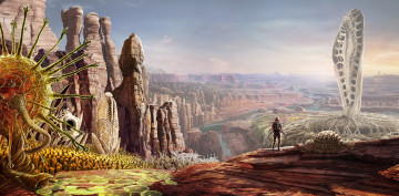 Картинка фэнтези иные+миры +иные+времена река каньон человек корни существа растения гигантские арт