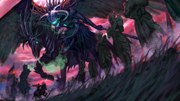 Картинка фэнтези демоны воин конь демон адский сражение статуи