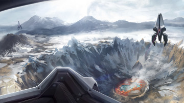 Картинка фэнтези иные+миры +иные+времена озеро кратер выстрел лазер корабли арт