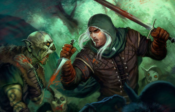 Картинка фэнтези люди гоблины кровь меч оружие монстры кинжал мужчина битва арт