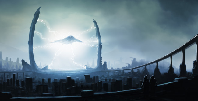 Обои картинки фото фэнтези, иные миры,  иные времена, арт, город, корабль, портал, молнии