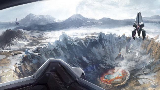 Обои картинки фото фэнтези, иные миры,  иные времена, озеро, кратер, выстрел, лазер, корабли, арт