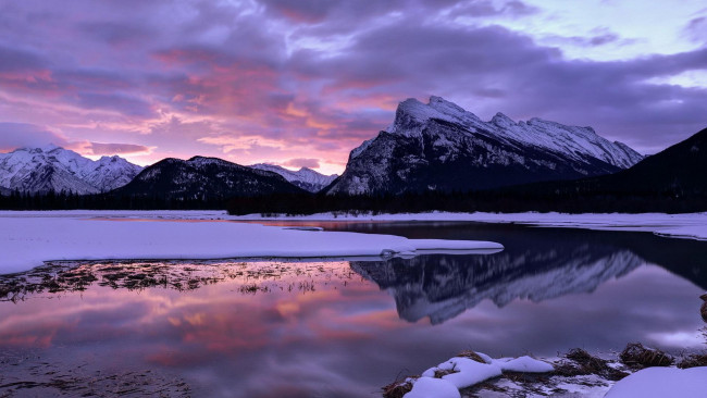 Обои картинки фото природа, реки, озера, горы, закат, снег, лед, озеро, небо