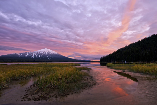 Обои картинки фото природа, реки, озера, сша, орегон, гора, лес, озеро, закат